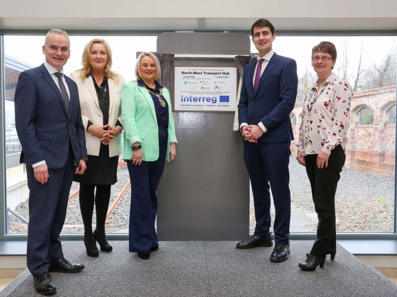 Unveiling of a commemorative plaque to mark the completion of the £27m North-West Multimodal Transport Hub  are (l-r) Chris Conway, Translink Group Chief Executive; Gina McIntyre, Chief Executive of SEUPB; Mayor of Derry City and Strabane, Councillor Sandra Duffy; Jack Chambers TD, Minister of State at the Department of Transport and Julie Thompson from Department for Infrastructure.